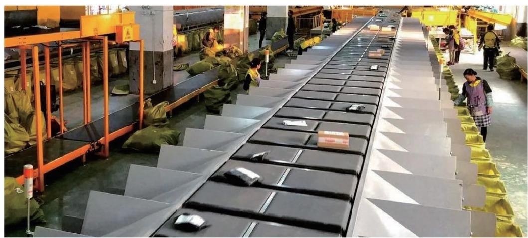 直线分拣系统结构图，展示皮带面与格口